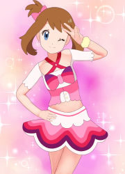 Rule 34 | 1girl, artist request, blue eyes, bow, brown hair, child, clenched hands, collarbone, creatures (company), detached sleeves, earrings, eyelashes, female focus, flat chest, game freak, gen 6 pokemon, hand on own hip, hand up, happy, highres, idol, jewelry, legs, looking at viewer, may (pokemon oras), medium hair, midriff, miniskirt, neck, nintendo, official alternate costume, one eye closed, pokemon, pokemon oras, ribbon, short ponytail, showgirl skirt, side bangs, sidelocks, skirt, smile, sparkle background, standing, thighs, v, wink, wristband