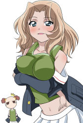Rule 34 | 2girls, alisa (girls und panzer), alternate costume, blonde hair, blue eyes, blue jacket, blush, breast hold, breasts, brown hair, commentary, girls und panzer, green shirt, hair intakes, hair ornament, highres, jacket, jitome, kay (girls und panzer), long hair, long sleeves, looking at another, looking at viewer, medium breasts, midriff, military, military uniform, multiple girls, navel, off shoulder, ooarai military uniform, open mouth, pleated skirt, shirt, short hair, short twintails, simple background, skirt, smile, standing, star (symbol), star hair ornament, tank top, tearing up, twintails, uniform, wakku kan, white background, white skirt