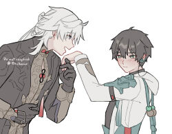Rule 34 | 2boys, :d, armor, artist name, black coat, black gloves, black hair, blush, button gap, closed mouth, coat, commentary, dan heng (honkai: star rail), ear blush, earrings, gentleman, gloves, green armor, grey eyes, hair intakes, hand on own stomach, high collar, highres, honkai: star rail, honkai (series), hood, hooded jacket, jacket, jewelry, long hair, long sleeves, looking at another, male focus, multiple boys, nervous, open mouth, ponytail, profile, rhosavior, short hair, shoulder armor, simple background, smile, stud earrings, upper body, white background, white hair, white jacket, yaoi, yingxing (honkai: star rail)