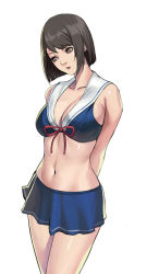 Rule 34 | 1girl, arms behind back, bare shoulders, black eyes, black hair, breasts, cleavage, collarbone, cowboy shot, large breasts, looking at viewer, looking away, navel, original, phamoz, sailor beach wear (no.s project), sailor bikini, sailor collar, short hair, solo, stomach, white background