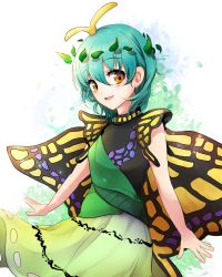 Rule 34 | 1girl, antennae, aqua hair, black shirt, blush, brown eyes, butterfly wings, dress, eternity larva, green dress, green skirt, hidden star in four seasons, insect wings, leaf, leaf on head, makotono (makotono 00), multicolored clothes, multicolored dress, open mouth, shirt, short sleeves, single strap, skirt, smile, solo, touhou, wings, yellow wings
