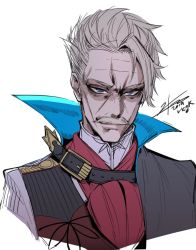 Rule 34 | 1boy, belt, closed mouth, commentary, dated, english commentary, facial hair, fate/grand order, fate (series), grey hair, j.k., jacket, james moriarty (archer) (fate), looking at viewer, male focus, mustache, old, old man, purple eyes, red scarf, scarf, signature, simple background, solo, upper body, vest, white background