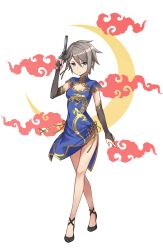 Rule 34 | 1girl, alternate costume, ange (princess principal), black footwear, blue eyes, braid, china dress, chinese clothes, cloud, crescent moon symbol, dress, elbow gloves, full body, gloves, gun, hand up, handgun, highres, holding, holding gun, holding weapon, lizard print, looking at viewer, official art, princess principal, princess principal game of mission, revolver, silver hair, simple background, solo, standing, transparent background, weapon