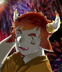 Rule 34 | 1boy, ^ ^, alternate skin color, animal ears, bara, brown hair, closed eyes, cow boy, cow ears, cow horns, facial hair, fiery horns, fireworks, forked eyebrows, glowing horns, goatee, goburin second, hand on own head, highres, horns, male focus, portrait, short hair, shy, solo, thick eyebrows, tokyo houkago summoners, wakan tanka