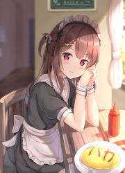 Rule 34 | 1girl, apron, black dress, blurry, blurry background, blush, bow, brown hair, chair, child, closed mouth, commentary request, curtains, depth of field, dress, food, frilled apron, frills, hair bow, hair ornament, hairclip, hands up, indoors, keiran (ryo170), ketchup bottle, long hair, looking at viewer, maid, maid headdress, md5 mismatch, omelet, omurice, one side up, original, plate, puffy short sleeves, puffy sleeves, red eyes, resolution mismatch, sailor collar, short sleeves, sitting, smile, solo, source larger, table, waist apron, white apron, white bow, white sailor collar, wooden floor, wrist cuffs, x hair ornament