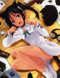 Rule 34 | 1girl, animal ears, ass, black hair, blue eyes, blush, candy, cat, cat ears, cat tail, chocolate, chocolate bar, fang, food, francesca lucchini, from above, hair ribbon, highres, kyogoku shin, long hair, lying, military, military uniform, no socks, on side, open mouth, panties, ribbon, smile, solo, strike witches, striped clothes, striped panties, tail, twintails, underwear, uniform, world witches series