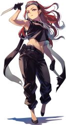 Rule 34 | 1girl, absurdres, dual wielding, gloves, headband, highres, holding, knife, long scarf, looking at viewer, midriff, original, rasetsu001, red eyes, red hair, scarf, solo, tank top, toned, tongue, tongue out, white background