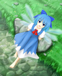 Rule 34 | 1girl, bad id, bad pixiv id, barefoot, blue eyes, blue hair, bow, cirno, cover-d, dress, hair bow, matching hair/eyes, short hair, solo, embodiment of scarlet devil, touhou, water, wings