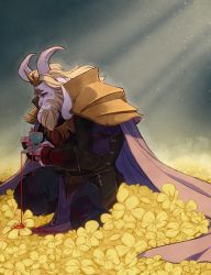 Rule 34 | 1boy, armor, asgore dreemurr, beard, blonde hair, blood, blood on clothes, blood on face, blood stain, cape, crown, cup, facial hair, field, flower, flower bed, flower field, frown, furry, furry male, highres, horns, kayla marquez, light rays, male focus, monster boy, shoulder pads, signature, solo, spilling, squatting, standing, sunlight, tea, teacup, undertale