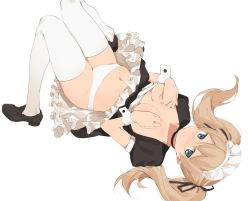 Rule 34 | 1girl, 2l (2lsize), black footwear, blonde hair, blue eyes, blush, breasts, closed mouth, clothes lift, covering privates, covering breasts, dress, dress lift, frills, hair between eyes, jitome, knees up, loafers, long hair, looking at viewer, lying, maid, maid headdress, medium breasts, navel, nose blush, on back, original, panties, shoes, short sleeves, simple background, skirt, skirt lift, solo, thighhighs, thighs, underwear, white background, white panties, white thighhighs