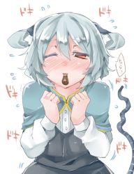 Rule 34 | 1girl, akagashi hagane, animal ears, bad id, bad pixiv id, blush, capelet, clenched hands, feeding, food, grey hair, heartbeat, looking at viewer, mouse ears, mouse tail, mouth hold, nazrin, one eye closed, pocky, pocky kiss, pov, pov feeding, red eyes, shared food, sharing food, short hair, simple background, solo, tail, touhou, white background, wink