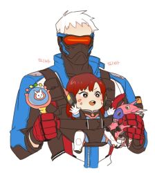 Rule 34 | 1boy, 1girl, aged down, artist request, baby, bad id, bad twitter id, brown hair, croquis2, d.va (overwatch), facial mark, fatherly, gloves, holding, holding rattle, mask, overwatch, overwatch 1, rattle, soldier: 76 (overwatch), visor, whisker markings, white hair