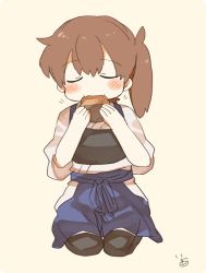 Rule 34 | 1girl, artist name, black thighhighs, blue hakama, blush, brown hair, commentary request, eating, closed eyes, fangs, food, full body, hair between eyes, hakama, hakama short skirt, hakama skirt, hip vent, ina (1813576), japanese clothes, kaga (kancolle), kantai collection, kimono, medium hair, seiza, senbei, side ponytail, simple background, sitting, skirt, solo, thighhighs, white kimono