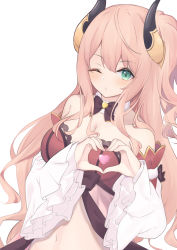 Rule 34 | 1girl, black bow, blush, bow, breasts, brown hair, cleavage, closed mouth, commentary request, detached collar, green eyes, hair between eyes, hands up, heart, heart hands, highres, horns, long sleeves, medium breasts, navel, one side up, princess connect!, roido (taniko-t-1218), simple background, sleeves past wrists, solo, suzuna (princess connect!), upper body, white background, white sleeves, wide sleeves