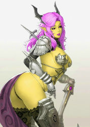 Rule 34 | 1girl, armor, ass, bikini armor, black sclera, breasts, castanic, castanics, colored sclera, colored skin, demon girl, horns, knight, lips, long hair, looking back, panties, pointy ears, purple eyes, purple hair, recolor, simple background, solo, tera online, thighhighs, third-party edit, underwear, warrior, wavy hair, weapon, yellow skin