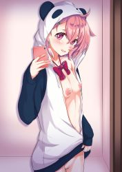 Rule 34 | 1girl, animal hood, blush, bottomless, bow, bowtie, breasts, cellphone, cleft of venus, clothes lift, earrings, fang, female focus, hair ornament, hairclip, highres, holding, holding phone, hood, hood up, hoodie, hoodie lift, jewelry, kuroi k-ta, lifting own clothes, long sleeves, looking at viewer, nijisanji, nipples, open clothes, open mouth, panda hood, phone, pink hair, purple eyes, pussy, sasaki saku, shirt, skin fang, small breasts, smartphone, smile, solo, standing, uncensored, virtual youtuber