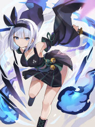 Rule 34 | 1girl, alternate costume, arm garter, arms behind back, bare legs, bare shoulders, bell, black footwear, black hairband, black ribbon, black skirt, black sleeves, black tank top, blue eyes, blunt bangs, bob cut, boots, bow, breasts, bright pupils, cleavage, closed mouth, commentary, crop top, cross-laced footwear, detached sleeves, dual wielding, expressionless, falken (yutozin), foot out of frame, green bow, green ribbon, hair ribbon, hairband, highres, hitodama, holding, holding sword, holding weapon, jingle bell, katana, konpaku youmu, lace-up boots, leaning forward, medium breasts, midriff, revision, ribbon, ribbon-trimmed sleeves, ribbon trim, short hair, side slit, sidelocks, sideways glance, skirt, solo, standing, standing on one leg, sword, tank top, touhou, weapon, white hair, white pupils, wide sleeves