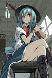 Rule 34 | 1girl, bad id, bad pixiv id, blue hair, boots, bow, colorized, dress, food, frills, fruit, hat, hinanawi tenshi, katana, crossed legs, long hair, looking at viewer, peach, puffy sleeves, red eyes, ribbon, short sleeves, sitting, sketch, smile, solo, sword, takemori shintarou, touhou, weapon