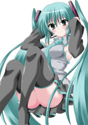 Rule 34 | 1girl, aqua hair, ass, breasts, detached sleeves, female focus, green eyes, hatsune miku, headset, long hair, necktie, simple background, skirt, solo, thighhighs, twintails, vatanen, very long hair, vocaloid, white background
