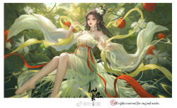 Rule 34 | 1girl, barefoot, brown hair, chinese clothes, detached sleeves, earrings, facial mark, flower, forehead mark, full body, hair flower, hair ornament, highres, holding, holding stick, jewelry, leaf, long hair, original, parted lips, sitting, solo, stick, teeth, thighs, white flower, yi zi zi