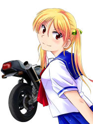 Rule 34 | 10s, 1girl, bakuon!!, bell, blonde hair, blush, breasts, hair bell, hair ornament, highres, large breasts, long hair, looking at viewer, motor vehicle, motorcycle, oresama strike, red eyes, shirt, smile, solo, suzuki, suzuki (company), suzunoki rin, taut clothes, taut shirt, twintails, vehicle