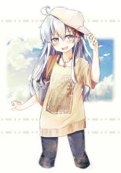 Rule 34 | 1girl, ;d, ahoge, alternate costume, anchor necklace, arm up, bag, beige shirt, black pants, blue sky, cloud, commentary request, contemporary, cropped legs, denim, english text, flat cap, grey eyes, hair between eyes, hair ribbon, hand on headwear, hat, hibiki (kancolle), jeans, jewelry, kantai collection, long hair, looking at viewer, necklace, one eye closed, open mouth, outstretched leg, pants, pendant, print shirt, red ribbon, ribbon, shirt, short sleeves, shoulder bag, sideways hat, silver hair, sky, smile, solo, taisho (gumiyuki), white background, white hat