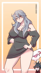 Rule 34 | 1boy, 1girl, arm behind back, black hair, braid, breasts, butter sugoi, cleavage, collarbone, commentary, contrapposto, grey hair, head tilt, highres, large breasts, long hair, mole, mole under eye, off-shoulder shirt, off shoulder, original, panties, pink panties, raised eyebrow, red eyes, shirt, shirt grab, spoken object, thought bubble, underwear, yellow eyes