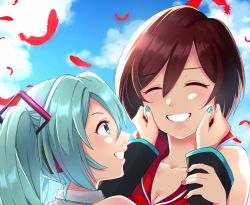 Rule 34 | 2girls, aqua eyes, aqua hair, aqua nails, bare shoulders, blue sky, breasts, brown hair, cheek pull, cleavage, closed eyes, cloud, collarbone, commentary request, day, facing another, falling feathers, feathers, grey shirt, grin, hair ornament, hands on another&#039;s arms, hatsune miku, headphones, highres, kasane kein, long hair, looking at another, meiko (vocaloid), multiple girls, nail polish, outdoors, red feathers, red nails, red shirt, shirt, short hair, sky, smile, upper body, very long hair, vocaloid