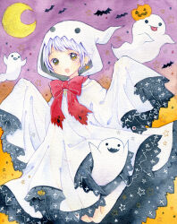 Rule 34 | 1girl, absurdres, amu (m aa), bow, crescent moon, earrings, ghost costume, ghost girl, gradient background, highres, jack-o&#039;-lantern, jack-o&#039;-lantern earrings, jewelry, looking at viewer, marker (medium), moon, open mouth, original, painting (medium), red bow, short hair, solid circle eyes, solo, traditional media, watercolor (medium), white hair