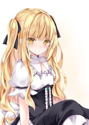 Rule 34 | 1girl, :/, adapted costume, alternate hairstyle, black dress, black ribbon, blonde hair, blush, closed mouth, commentary request, dress, feet out of frame, flat chest, gradient background, hair intakes, hair ribbon, highres, kirisame marisa, knees up, long hair, looking at viewer, nanase nao, puffy short sleeves, puffy sleeves, ribbon, short sleeves, sidelocks, simple background, solo, touhou, twintails, upper body, v-shaped eyebrows, white background, yellow eyes