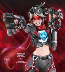 Rule 34 | alternate universe, artist name, artist request, black lips, chest harness, commission, dark persona, dual wielding, goggles, harness, highres, holding, holding weapon, instagram username, mirrorwatch tracer, operative oxton, overwatch, overwatch 2, red-tinted eyewear, red goggles, red scarf, scarf, signature, spiked hair, tagme, tinted eyewear, tracer (overwatch), weapon