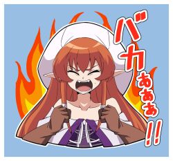 Rule 34 | &gt; &lt;, &gt;o&lt;, 1girl, :o, bare shoulders, border, brown gloves, closed eyes, commentary request, cropped arms, cropped shoulders, dot nose, fangs, fire, fire, gloves, hat, helck, highres, liberty, light blue background, long hair, open mouth, outline, pointy ears, red hair, round teeth, shouting, sidelocks, simple background, teeth, translated, upper body, v-shaped eyebrows, vermilio (helck), white border, white outline