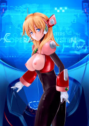 Rule 34 | 1girl, alia (mega man), android, blonde hair, blue eyes, breasts, breasts out, framed breasts, gloves, hand on own ass, headgear, highres, large breasts, long hair, microphone, nipples, robot ears, solo, white gloves