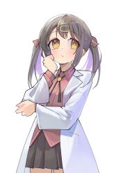 Rule 34 | 1girl, :/, absurdres, black hair, black skirt, bolo tie, brown eyes, coat, commentary, cowboy shot, hair ornament, hairclip, highres, lab coat, long hair, long sleeves, multicolored hair, nama cream croquette, onii-chan wa oshimai!, open clothes, open coat, oyama mihari, pleated skirt, purple hair, red shirt, shirt, simple background, skirt, solo, thinking, twintails, two-tone hair, untucked shirt, white background, wing collar