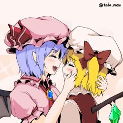 Rule 34 | 2girls, :d, ^ ^, animated, animated gif, artist name, bat wings, blonde hair, blue hair, bow, brooch, closed eyes, commentary request, crystal, dress, facing another, fang, flandre scarlet, frilled shirt collar, frills, from side, grin, hair between eyes, hair bow, hat, hat ribbon, jewelry, mob cap, multiple girls, one side up, open mouth, pink background, pink dress, pink hat, pointy ears, profile, puffy short sleeves, puffy sleeves, red bow, red ribbon, red vest, remilia scarlet, ribbon, shirt, short sleeves, siblings, simple background, sisters, smile, sparkle, tada no nasu, touhou, twitter username, v-shaped eyebrows, vest, white hat, white shirt, wings