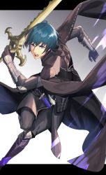 Rule 34 | 1boy, 5koji, armor, black armor, black gloves, blue eyes, blue hair, byleth (fire emblem), byleth (male) (fire emblem), cape, dagger, fire emblem, fire emblem: three houses, full body, gloves, greaves, heroes relic (fire emblem), holding, holding sword, holding weapon, knife, looking at viewer, nintendo, open mouth, running, sheath, sheathed, simple background, sword, sword of the creator, weapon, white background