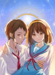 Rule 34 | 1boy, 1girl, belt, blue belt, blue sailor collar, blue skirt, breasts, brown eyes, brown hair, closed mouth, collared shirt, commentary, couple, eequal mc2, from side, hair ribbon, hairband, hetero, highres, kita high school uniform, kyon, long sleeves, looking at viewer, medium hair, neck ribbon, necktie, red necktie, red ribbon, ribbon, sailor collar, sailor shirt, school uniform, shirt, short hair, skirt, small breasts, smile, suzumiya haruhi, suzumiya haruhi no yuuutsu, symbol-only commentary, upper body, very short hair, white shirt, yellow hairband, yellow ribbon