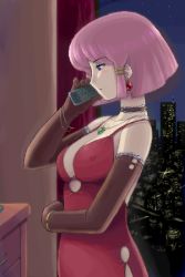 Rule 34 | 1girl, blush, breasts, brown gloves, choker, cleavage, dress, earrings, elbow gloves, gloves, gundam, haman karn, jewelry, large breasts, lossy-lossless, lowres, md5 mismatch, necklace, noise (tsuzuki), phone, pink hair, purple eyes, short hair, solo