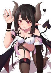 Rule 34 | 1girl, absurdres, asymmetrical legwear, asymmetrical sleeves, b7669726, bare shoulders, black hair, black wings, blush, bow, breasts, cleavage, commentary request, demon girl, demon horns, demon tail, demon wings, dot nose, fur trim, hand up, heart, heart tail, highres, horns, long hair, looking at viewer, medium breasts, nail polish, navel, original, parted lips, pointy ears, pubic tattoo, purple eyes, simple background, smile, solo, tail, tattoo, thighhighs, uneven legwear, uneven sleeves, white background, wings