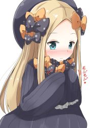 Rule 34 | 1girl, abigail williams (fate), absurdres, aikawa ryou, black bow, black dress, black hat, blonde hair, blue eyes, blush, bow, closed mouth, commentary request, dress, fate/grand order, fate (series), forehead, hair bow, hands up, hat, heart, heart-shaped pupils, highres, long hair, long sleeves, looking at viewer, motion lines, multiple hair bows, nose blush, orange bow, parted bangs, polka dot, polka dot bow, simple background, sleeves past fingers, sleeves past wrists, solo, symbol-shaped pupils, translation request, upper body, very long hair, white background