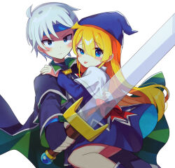 Rule 34 | absurdres, blonde hair, blue eyes, blue footwear, blue hairband, blue skirt, blush, hairband, highres, holding, holding sword, holding weapon, looking at viewer, madou monogatari, offbeat, puyopuyo, schezo wegey, skirt, sword, tongue, tongue out, weapon, white hair, witch (puyopuyo)