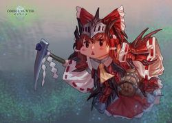 Rule 34 | 1girl, angry, armor, ascot, bare shoulders, barrel, blush stickers, bow, breastplate, brown eyes, brown hair, chibi, collared shirt, commentary request, cookie (touhou), copyright name, d tomoki, detached sleeves, frilled bow, frilled skirt, frills, gauntlets, gohei, hair between eyes, hair bow, hair tubes, hakurei reimu, helmet, highres, holding, medium hair, monster hunter, monster hunter: world, monster hunter (series), nontraditional miko, paw print, pickaxe, rathalos (armor), red bow, red shirt, red skirt, ribbon-trimmed sleeves, ribbon trim, sakenomi (cookie), shirt, sidelocks, skirt, skirt set, sleeveless, sleeveless shirt, solo, touhou, triangle mouth, yellow ascot