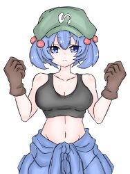 Rule 34 | 1girl, :&lt;, bare shoulders, black gloves, blue eyes, blue hair, breasts, cabbie hat, cleavage, collarbone, commentary request, cowboy shot, dot nose, eyes visible through hair, fumomono, gloves, groin, hands up, hat, highres, kawashiro nitori, looking at viewer, medium breasts, midriff, navel, short hair, solo, straight-on, touhou, two side up, v-shaped eyebrows