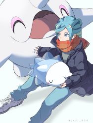 Rule 34 | 1boy, absurdres, alternate costume, aqua eyes, aqua hair, blush stickers, cetoddle, commentary request, creatures (company), game freak, gen 8 pokemon, grusha (pokemon), gym leader, hair bun, highres, jacket, jayj 824, long hair, long sleeves, male focus, nintendo, open clothes, open jacket, orange scarf, pants, plaid, plaid scarf, pokemon, pokemon (creature), pokemon sv, scarf, scarf over mouth, shoes, sitting, sleeves past wrists, sneakers, snom, sweater, twitter username, white footwear