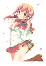Rule 34 | 1girl, absurdres, ass, black bow, blush, boots, bow, bowtie, breasts, brown eyes, brown footwear, brown hair, cleavage, detached sleeves, dot nose, fingernails, flower, hair between eyes, hair bow, hair flower, hair ornament, highres, hinako note, jewelry, knee boots, leg up, long hair, looking at viewer, medium breasts, microskirt, mitsuki (mangaka), multicolored eyes, multicolored hair, necklace, page number, pleated skirt, red bow, red bowtie, red skirt, sakuragi hinako, shiny skin, sideboob, skirt, smile, solo, standing, standing on one leg, strapless, twintails, white flower