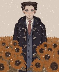 Rule 34 | 1boy, ace attorney, bad id, bad pixiv id, black hair, coat, flower, formal, grey eyes, looking at viewer, male focus, no bangs, phoenix wright, renshu usodayo, snowing, solo, suit, sunflower