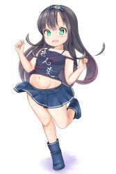 Rule 34 | 1girl, alternate costume, aymusk, black hair, blouse, blue footwear, blue skirt, boots, child, clothes writing, dot nose, female focus, full body, green eyes, hair ornament request, hairband, highres, kantai collection, long hair, looking at viewer, matsuwa (kancolle), midriff, navel, open mouth, pleated, pleated skirt, running, shirt, shirt writing, simple background, skirt, sleeveless, sleeveless shirt, solo, standing, standing on one leg, strap slip, white background