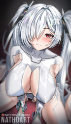 1girl absurdres blush bodysuit breasts cinderella cinderella_(nikke) covered_erect_nipples frown goddess_of_victory:_nikke hair_over_one_eye highres impossible_bodysuit impossible_clothes large_breasts long_hair looking_at_viewer nathoart one_eye_covered red_eyes see-through_clothes see-through_skirt shiny_clothes sitting skin_tight skirt solo twintails very_long_hair wariza white_bodysuit white_hair