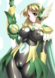 Rule 34 | 1990s (style), 1girl, armor, bodysuit, breasts, brown hair, cameltoe, cape, gloves, green eyes, hairband, hououji fuu, impossible clothes, large breasts, magic knight rayearth, official alternate costume, pauldrons, retro artstyle, sakura ryuuken, short hair, shoulder armor, solo, sword, weapon