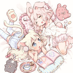 Rule 34 | 2girls, ahoge, animal ears, bed sheet, blonde hair, bloomers, blouse, book, camisole, candy, cat ears, cat tail, checkerboard cookie, clenched hands, closed eyes, commentary request, cookie, cup, food, frilled pillow, frills, head rest, lollipop, long hair, lying, marshmallow, mokarooru, multiple girls, navel, on side, on stomach, open book, open mouth, original, paw print, paw print pattern, paw shoes, pillow, pink hair, rabbit ears, rabbit tail, shirt, short hair, slippers, striped clothes, striped legwear, striped thighhighs, stuffed animal, stuffed cat, stuffed rabbit, stuffed toy, tail, teacup, thighhighs, underwear